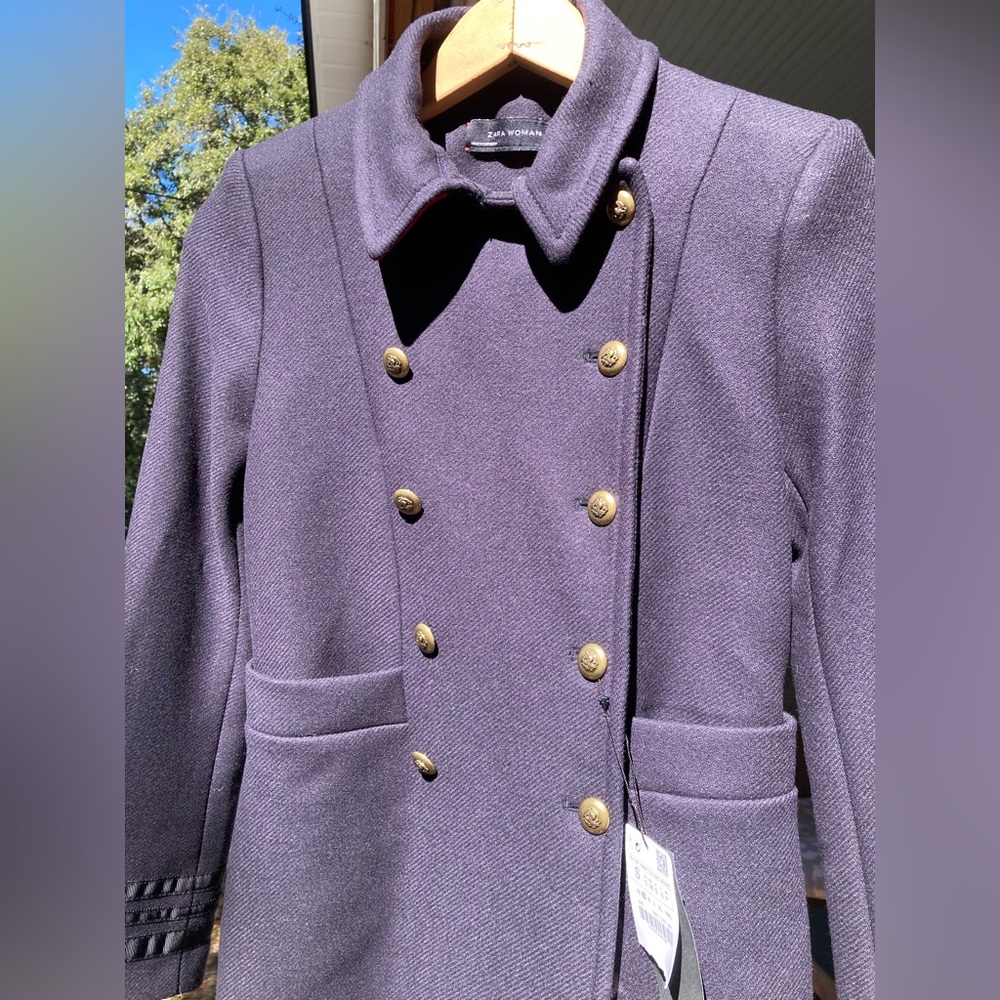 Zara Elegant Navy Military stylePea Coat with Red Accents gold buttons
